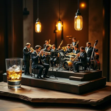 A miniature diorama of a big band playing on a stage next to a glass of whiskey with ice. 17 members in matching suits sit on the stepped stage. 4 trumpets, 4 trombones, 5 saxophones, piano, bass, drums, guitar. A supreme artistic moment where everyone is immersed in the joy of sound. A magical night, a conductor, <lora:Flux.1_Turbo_Detailer:0.7>, <lora:Diorama_Flux:0.9>