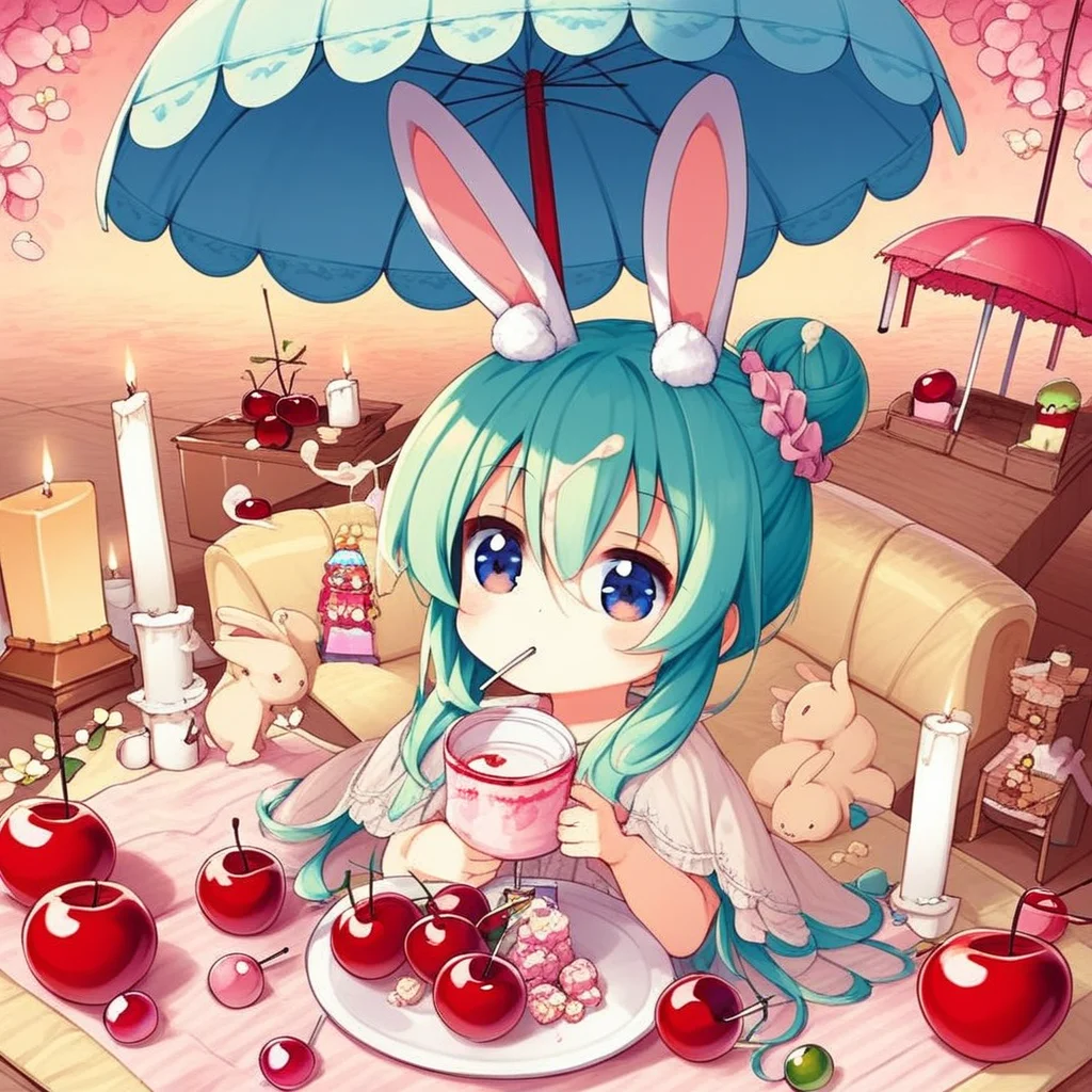 scrunchie, :p, green hair, hair between eyes, cherry, blonde hair, blue hair, candle, food-themed hair ornament, from front, food on head, rabbit ears, candy, hat, 1girl, cup, single hair bun, umbrella, flower