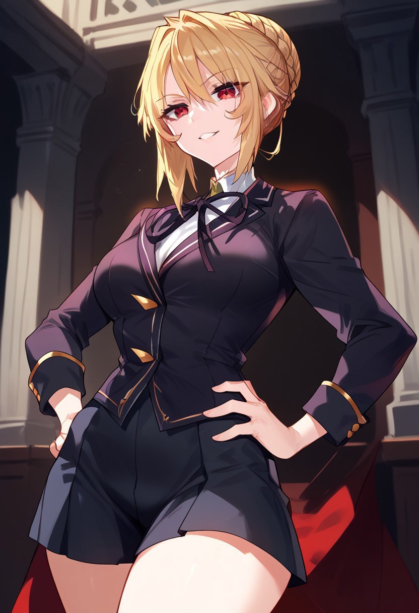 zPDXL3, score_9_up, score_8_up, score_7_up, (Anime_source), 1girl, Angelica.R.R., red eyes, blonde hair, long hair, bun hair, braid, academic clothes, parted lips, smile, looking at viewer, cowboy shot, from front, hand on hips