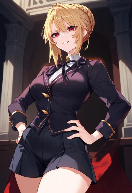 zPDXL3, score_9_up, score_8_up, score_7_up, (Anime_source), 1girl, Angelica.R.R., red eyes, blonde hair, long hair, bun hair, braid, academic clothes, parted lips, smile, looking at viewer, cowboy shot, from front, hand on hips