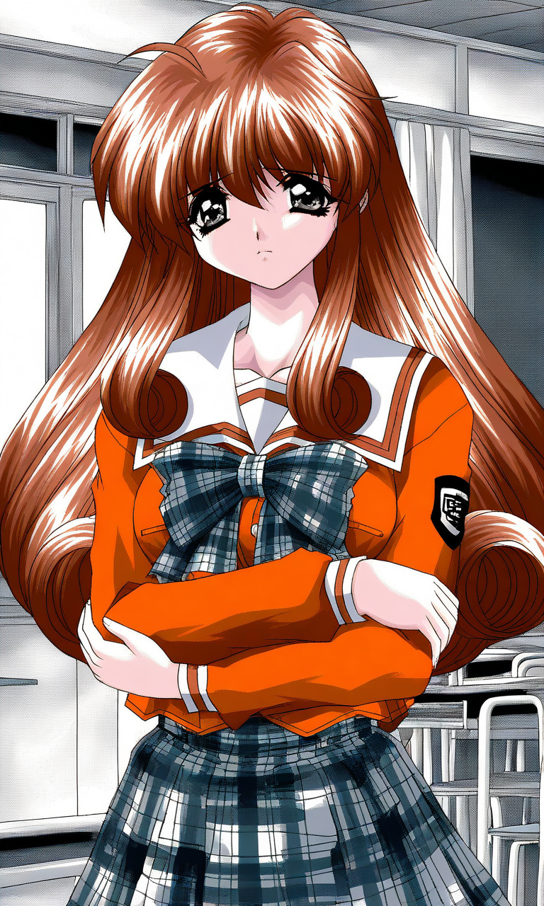 general,highres, ultra-detailed,very aesthetic,best quality ,best hands, BREAK <lora:Ichijo_Serika_Ver2.0_Akumu_AoiKajitsunoSange_IS:1>
Ichijo_Serika, 1girl, solo, long hair, brown hair, gray eyes, medium breasts, sidelocks, 
orange school uniform, ribbon, white+gray skirt, outdoors, crossed arms, serious,
plaid skirt, plaid bow, long sleeves, serafuku, School, class room, curtain.