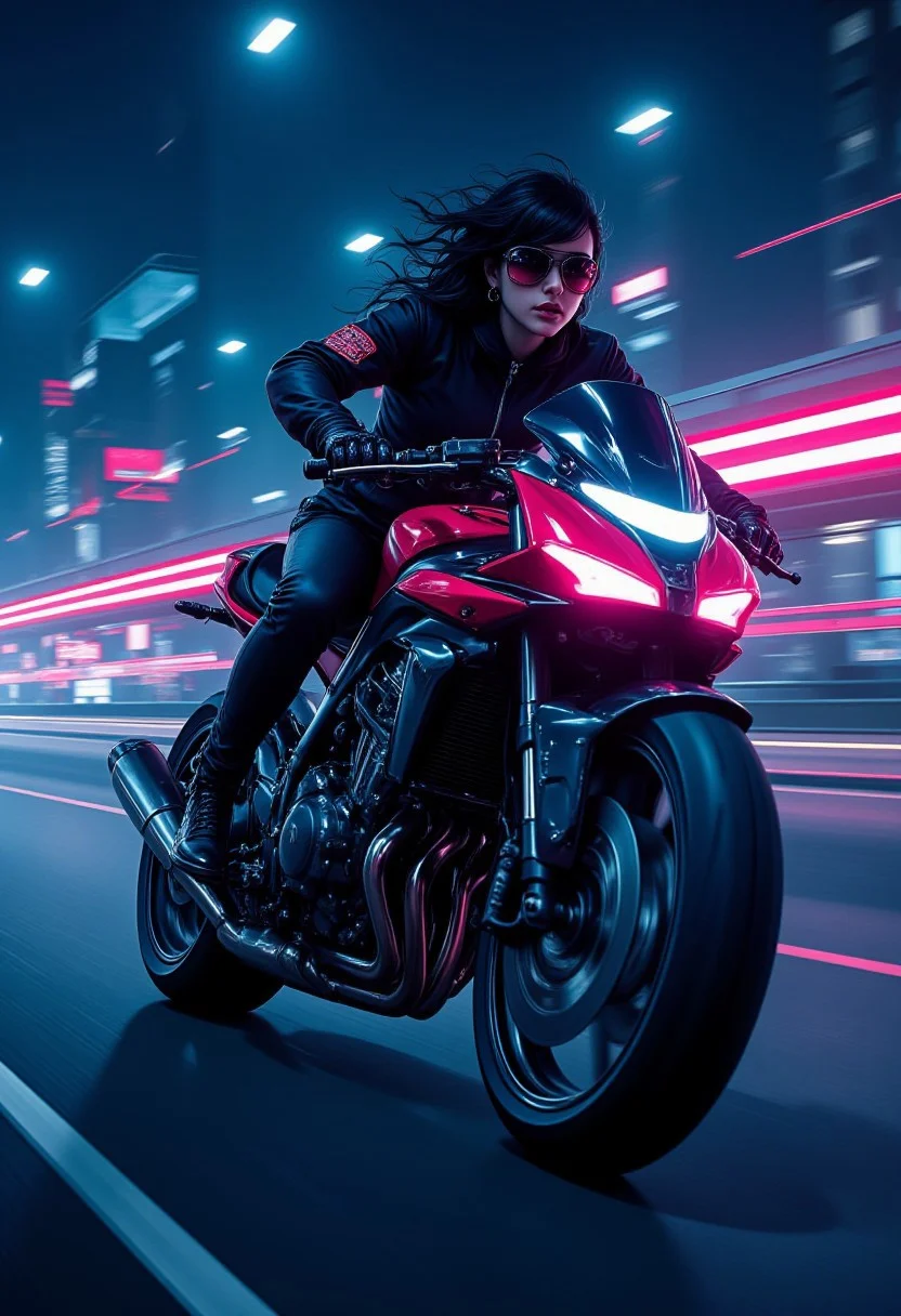 Stunning anime, illustration of Japanese goth woman, riding Akira-style futuristic superbike, long dragster-style bred bike with fairing, racing at speed on cypberpunk superhighway, travelling very fast, neon lights, bokeh, extreme motion blur of the background, night