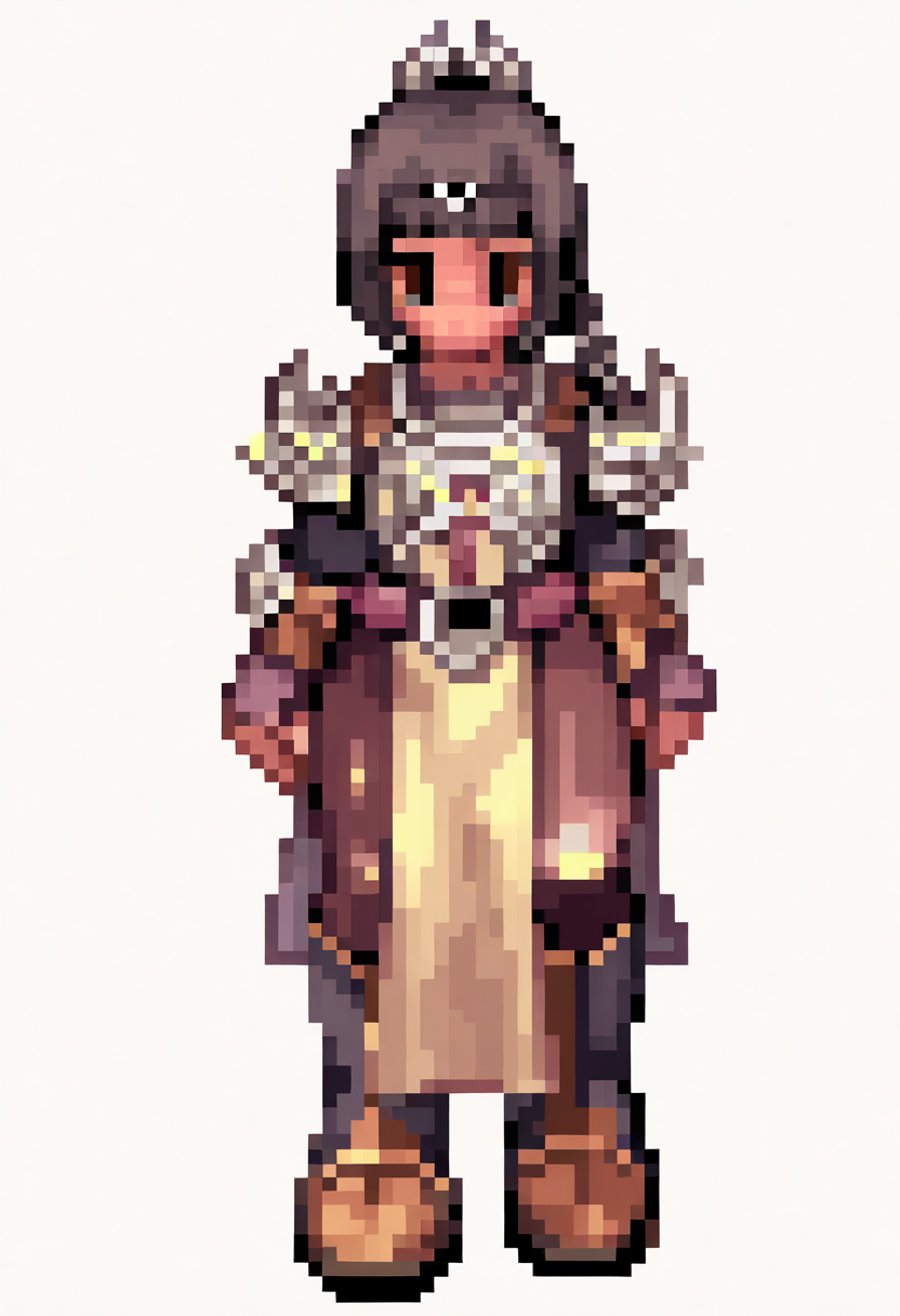 best quality, amazing quality, very aesthetic, absurdres,
pixel, 
1girl, solo, shadowheart, black hair, braided ponytail, green eyes, scar on face, 
circlet, armor, leather pants, pelvic curtain, boots,
full body, simple background, white background,  <lora:RagnarokSpriteNoob_byKonan:1>,  <lora:ShadowHeartIllustrious_byKonan:1>