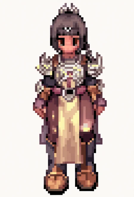best quality, amazing quality, very aesthetic, absurdres,
pixel,
1girl, solo, shadowheart, black hair, braided ponytail, green eyes, scar on face,
circlet, armor, leather pants, pelvic curtain, boots,
full body, simple background, white background, <lora:RagnarokSpriteNoob_byKonan:1>, <lora:ShadowHeartIllustrious_byKonan:1>