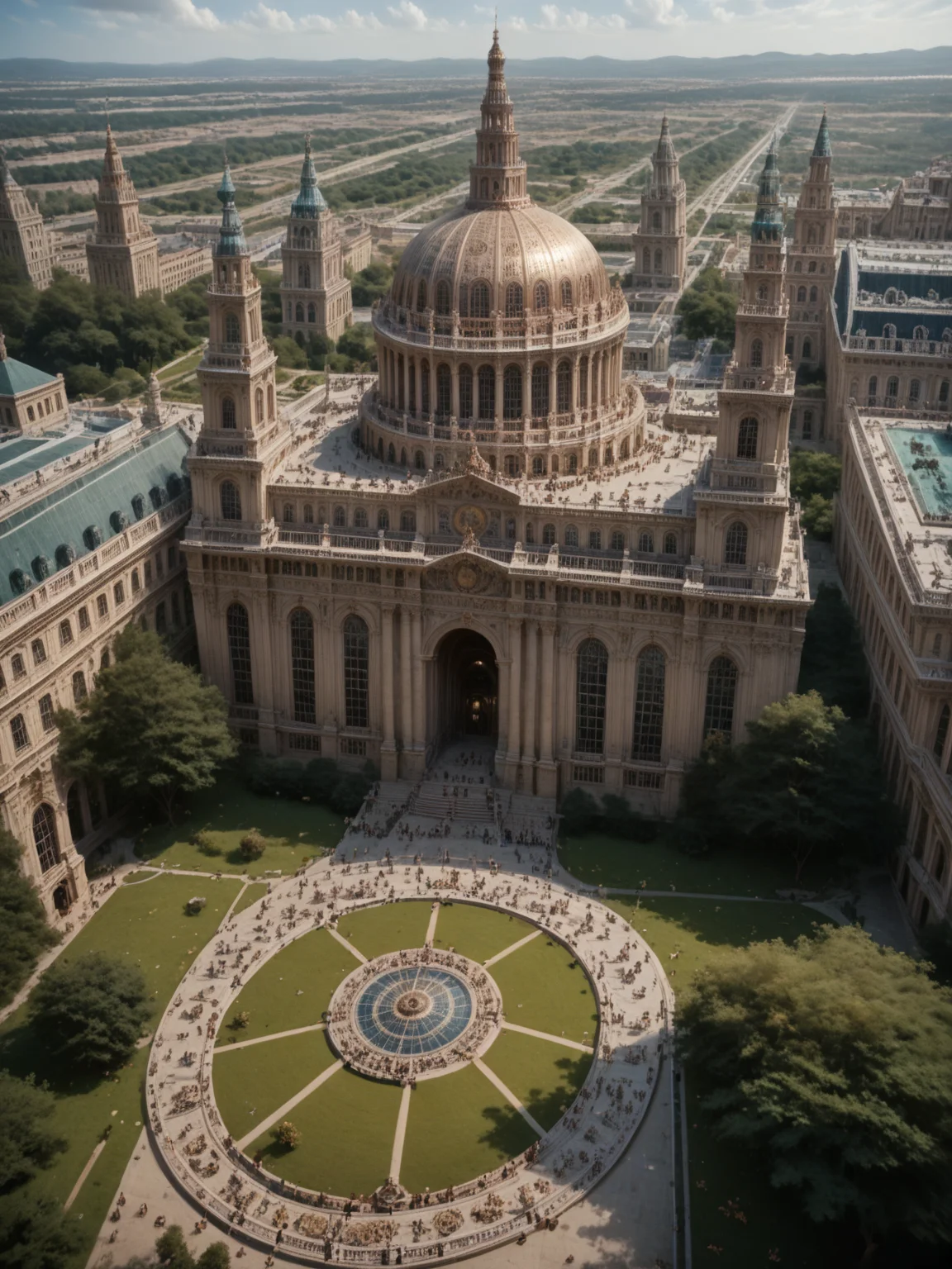 score_8-up, score_7_up, high point of view, impressive scenery, general view, massive monument, majestic building with perfect architecture, large dome, straight lines, park with foutain, detailed sculptures, perfect contrasts, detailed dark shadows, lossless details highlights, innovative composition <lora:Majestic-Fantasy-Architecture-V2_ponyXL_LOREVER:0.7> mafarch, outdoors, geometric shapes, bold colors, luxurious, elegant, decorative, ornate