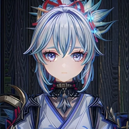 GenshinAvatar, (a girl with long light blue hair in a braided ponytail with a flower hairclip on it hair has split bangs, and blue eyes eyes,hydro character,hydro inazuma vison,wearing a blue kimono with a collar,outfit with blue charms and gems.:1.4), highly_detailed, illustration, portrait, (((masterpiece))),(((bestquality))), (black_background:1.4), simple_background, <lora:GenshinAvatarV2:1>