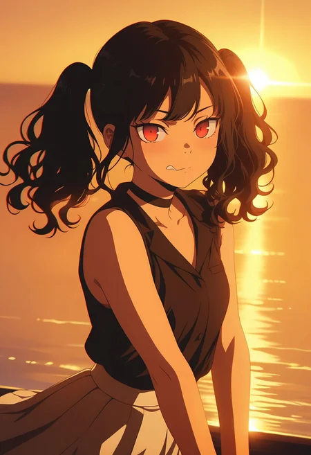 masterpiece, best quality, amazing quality, LDSCH, aesthetic, 1girl, solo, black hair, red eyes, twin tails, wavy hair, choker, sleeveless black top, white pleated skirt, looking at viewer, sunset lighting, backlight, rim lighting, warm color palette, ocean background, soft glow, cinematic angle, half body, dynamic pose, sunlight reflection, expressive face, serene atmosphere, lens flare