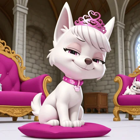 Sweetie(PP), solo, 1girl, feral, dog, dog girl, West Highland White Terrier, white fur, bangs, pointed dog ears, dog tail, short tail, pink eyes, pink collar, crown shaped dog tag, pink tiara, full body, looking at viewer, sitting on pillow, smug look, coy smile, indoors, castle setting,