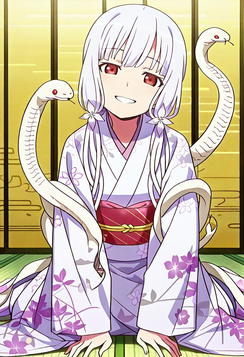 Smooth Quality - Illustrious, sfw,
anime, illustration, nadeko, red eyes,long hair,white hair,snake hair,albino, 
<lora:NSFWFilter_illusXL_Incrs_v1:-1>
<lora:Snake_on_Shoulders:0.8> sn4k3, snake on shoulders, large snake, white snake,
1girl, solo,
japanese clothes, white kimono, furisode, floral print, 
looking at viewer, head tilt, beautiful smile, grin,
golden folding screen, zabuton, tatami,