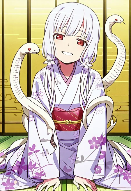 Smooth Quality - Illustrious, sfw,
anime, illustration, nadeko, red eyes,long hair,white hair,snake hair,albino,
<lora:NSFWFilter_illusXL_Incrs_v1:-1>
<lora:Snake_on_Shoulders:0.8> sn4k3, snake on shoulders, large snake, white snake,
1girl, solo,
japanese clothes, white kimono, furisode, floral print,
looking at viewer, head tilt, beautiful smile, grin,
golden folding screen, zabuton, tatami,