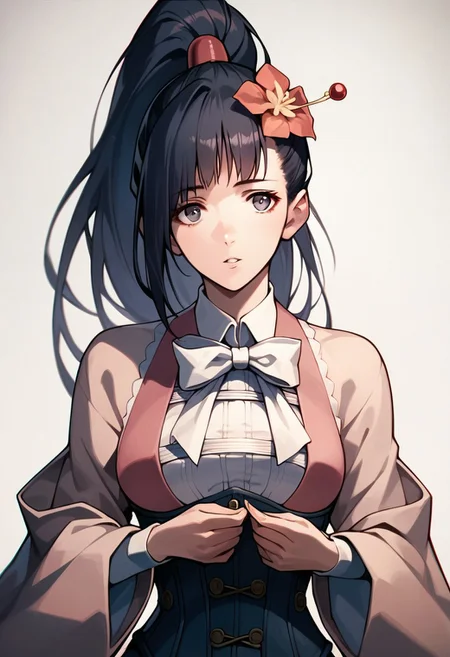 score_9,score_8_up,score_7_up,source_anime, Ayame Yomogawa,1girl,solo,breasts,looking at viewer,simple background,shirt,hair ornament,long sleeves,white background,bow,upper body,flower,parted lips,hair flower,wide sleeves,bowtie,high ponytail,white bow,corset,white bowtie,