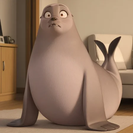 masterpiece, best quality, amazing quality, b3th1, female, furry female, feral, solo, sea lion, grey fur, brown eyes, eyelashes, black nose, whiskers, small ears, buck teeth, missing front teeth, spots on fur, flippers (limbs), fat, confused, 
fullbody, indoors, living room