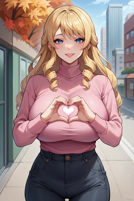 score_9, score_8_up, score_7_up, score_6_up, source_anime, solo, 1girl, mature female, huge breasts, naviard, blonde hair, blue eyes, long hair, drill hair, lips, , black t-shirt, pink sweater, black pants, autumn, turtleneck, city, smile, looking at you, heart hands  <lora:NaviaPony:1>