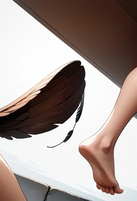1person, KimP, human toes, anthro, ((wings)), feline features, feline ears, large ears, bird tail, feathered tail, feather tipped tail,  hair, ((folded wings)), lowered wings, curious expression, close up, dutch angle, nude
Source: anime, score: 9, score: 8up,