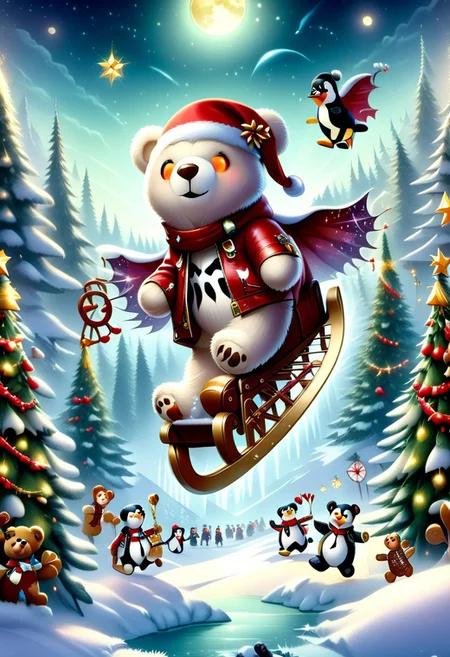 xmastedx,Festive,
(masterpiece, best quality:1.2), teddy bears' holiday concert, stage in a snowy clearing, teddy bears as rock stars, electric guitars, drums made of ice, backup singers - penguins, polar bears as roadies, teddy bears wearing leather jackets with tinsel accents, playing energetic rock music, the stage surrounded by a cheering crowd of forest animals, snow - covered mountains in the background, a full moon shining brightly.