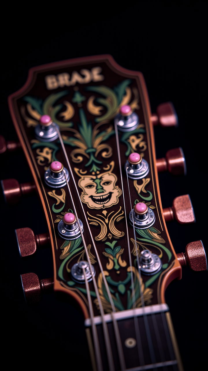 Ultra-detailed photo of a Cossack Grass guitar with visible wood Gloves and [Graceful|Sacred] Kobold Sandtrooper pegs, captured against a Dark background with colorful lighting, Where the Cards Fall trimmings, Unconventional, Millefiori Glass, music equipment, detailmaximizer