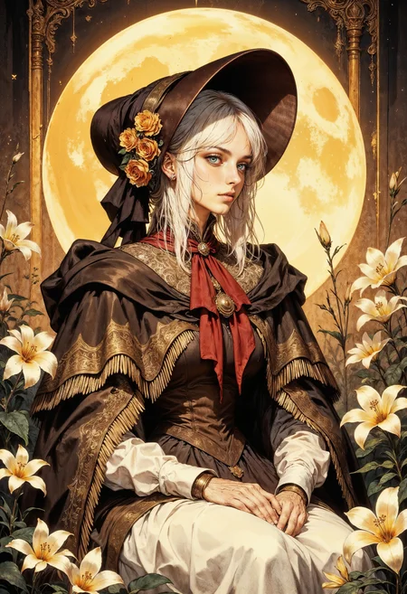 PlainD0ll, a serene and ethereal atmosphere. The layout is vertical, focusing on a single subject, a woman with fair skin and long, white hair, wearing a large, dark hat adorned with yellow roses. The PlainD0ll is dressed in an ornate, dark cloak with intricate gold patterns and a prominent red ribbon tied at the neck. She is seated amidst a field of white lilies, with a large, glowing yellow moon in the background, casting a warm, golden light over the scene. The overall color palette is rich and earthy, with deep browns, golds, and soft whites, creating a harmonious and mystical composition. <lora:RetroAnimeFluxV1:0.8> <lora:Elden_Ring_-_Yoshitaka_Amano:0.75> <lora:FluxMythG0thicL1nes:0.4> <lora:ck-painterly-fantasy:0.2> <lora:flux.1_lora_ink-dynamic:0.2> <lora:FluxPlainDoll:0.8> <lora:Mezzotint_Artstyle_for_Flux_-_by_Ethanar:0.2>