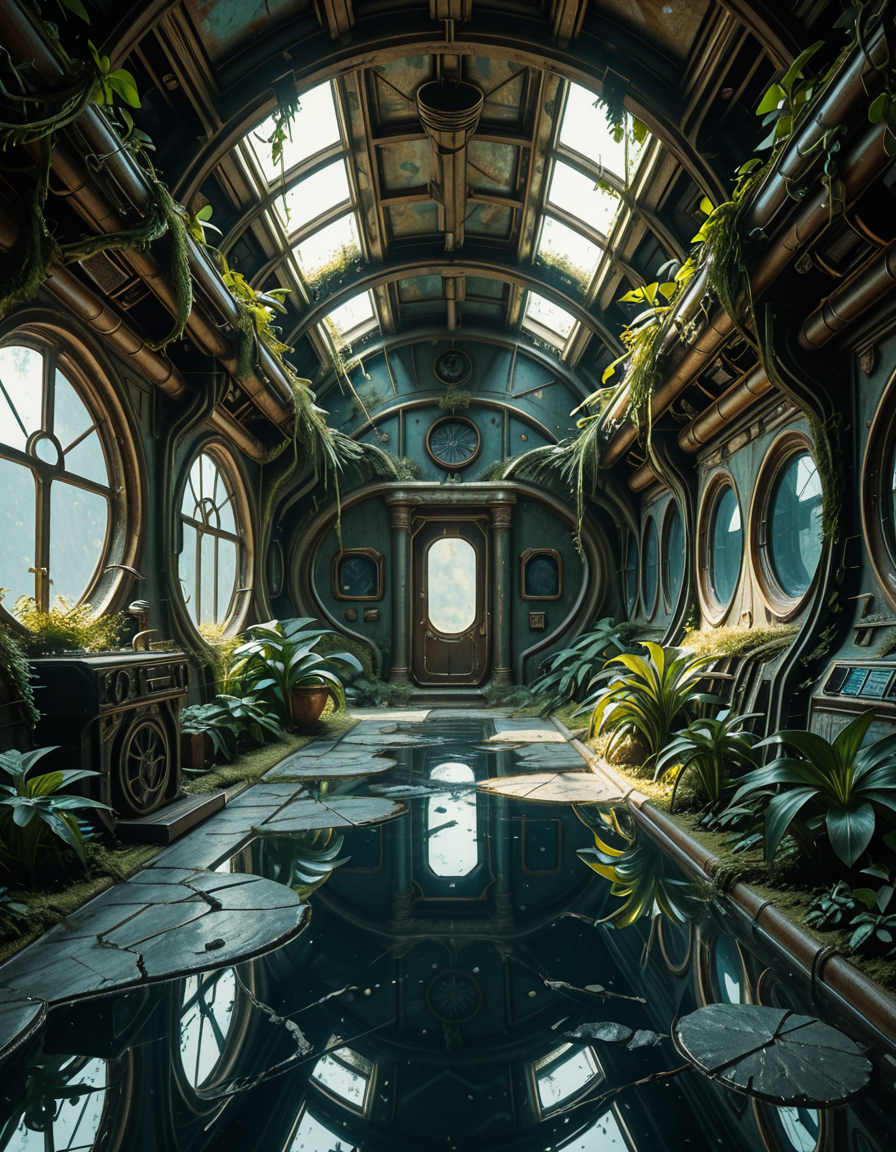 The interior of an ancient abandoned spaceship, overtaken by lush vegetation. The walls and ceiling are covered in thick, twisting vines and moss. Strange alien plants glow faintly in shades of blue and green, casting an eerie, mystical light across the metallic surfaces. Rusted control panels and shattered glass windows hint at a long-forgotten past. The floor is cracked and partially flooded with still, reflective water. Patches of bioluminescent fungi cling to the corners, adding a surreal atmosphere. The air feels heavy with moisture, and beams of soft, diffused light filter through holes in the hull, creating dramatic shafts of light and shadow. The overall style is hyper-realistic, rich in textures, with a cinematic and slightly melancholic mood.<lora:SDXLFaeTastic2400:0.4> <lora:extremely_detailed:0.4> extremely detailed,ancient abandoned sp4c3sh1p, <lora:ancient_abandoned_sp4c3sh1p-i:1>, Masterpiece,best quality,hi res,8k,hi res,8k,award winning,(sharp focus, intricate, highly detailed),