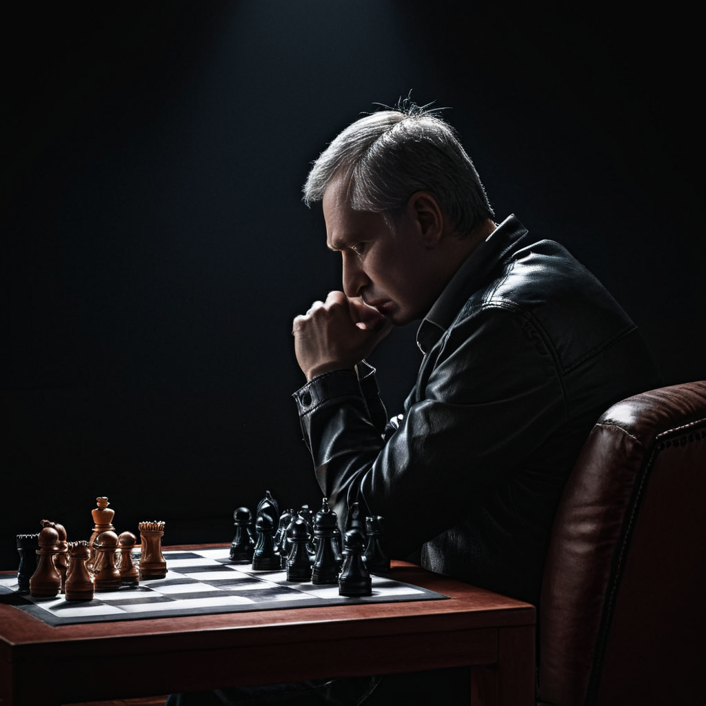 Radiant Darkness, a man sits in a leather chair contemplating his next move, chess board, deep in thought, dark, spotlight, intense scene <lora:Radiant_Darkness:1>