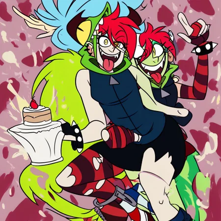 birthday party, cake, demencia, red hair, green ponytail, striped thighhighs, single striped sock, anklet, green monster hood, yellow eyes, sharp teeth, dark blue hoodie, single striped sleeve, red sneaker, blue sneaker, black skirt, smile, eyeshadow, spiked bracelet, zipper pull tab, torn pantyhose, glove, tongue out