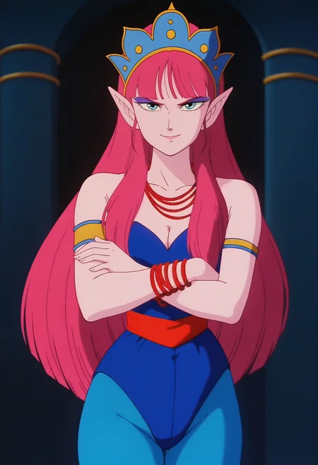 score_9, score_8_up, score_7_up, score_6_up, anime screencap, anime coloring, <lora:DBExtraGirlMelee_epoch_9:0.7>, DBExtraGirlMera, pointy ears, very long hair, blunt bangs, pink hair, pink skin, colored skin, blue eyes, purple eyeshadow,
red rope necklace, red rope bracelet, blue crown, blue leotard, breasts, cleavage, armlet, red waistband, blue pantyhose,
standing, looking at viewer, crossed arms, cowboy shot, seductive smile, 
BREAK dark background, indoors,