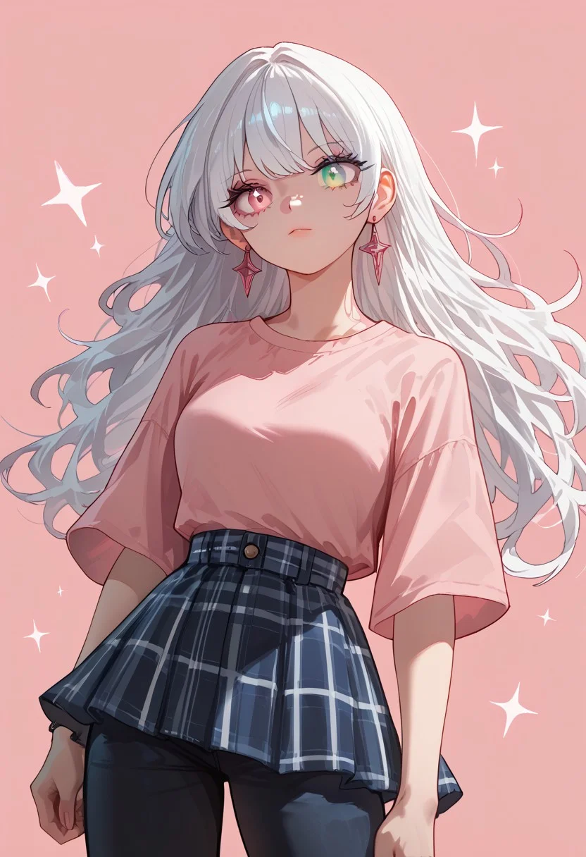 score_9, score_8_up, score_7_up, masterpiece, best quality, newest, absurdres, highres, safe, 1girl, solo, eyes visible through hair, earrings, :d, pants, bangs, hererochromia, pink left eye, fuchsia right eye, skirt, solo, 1girl, pink background, plaid, star (sky), white hair, white outline