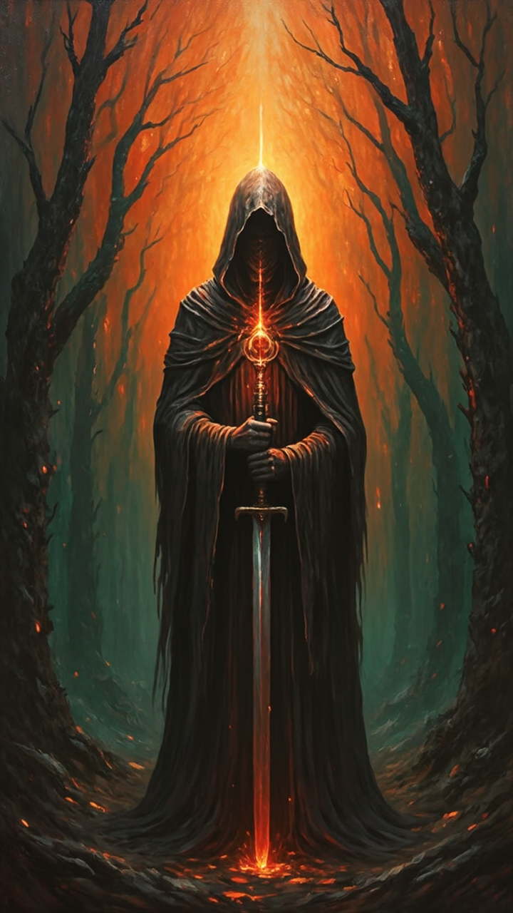 a mysterious figure standing in the center of the frame, positioned directly in front of the viewer, the figure is dressed in a dark hooded cloak, with the hood covering their face and the cloak flowing down their back, they are holding a large, glowing object in their hands, which appears to be a staff, the object is emitting a bright, orange light that emanates from behind the figure, creating a dramatic effect, the background is a dark, swirling pattern with a fiery orange hue, adding to the sense of power and mystery, the overall atmosphere is dark and foreboding, drawing the viewer's attention to the figure's enigmatic presence, A detailed oil painting of a dark figure in a hooded cloak, holding a sword, standing in a dark forest. The figure's head is obscured by a vibrant orange glow, while the background is a dark green, with a hint of orange and red, creating a sense of mystery and mystery.