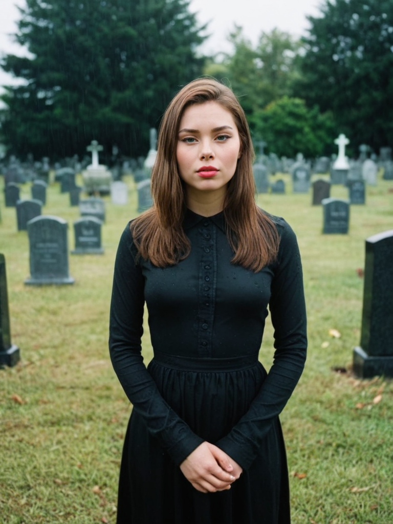 Analog photo of Nellie_LaPlace_P_MXAI_SDXL , tearful sad expression, "ready-for-a-funeral", black dress, looking down, in a rainy graveyard at dusk, ((full body shot)),  PA7_Portrait-FL