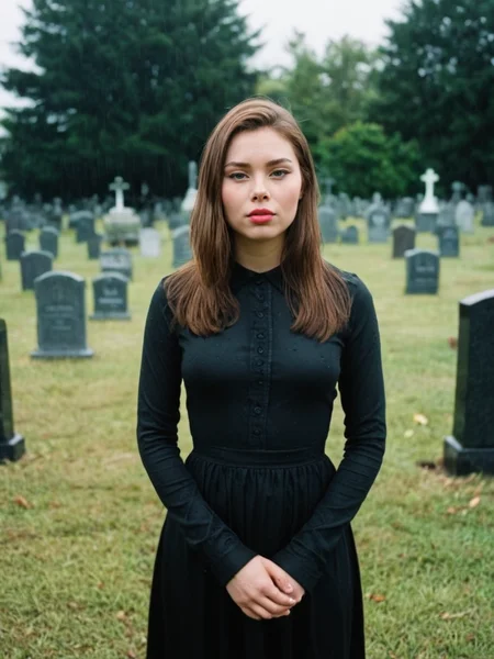 Analog photo of Nellie_LaPlace_P_MXAI_SDXL , tearful sad expression, "ready-for-a-funeral", black dress, looking down, in a rainy graveyard at dusk, ((full body shot)), PA7_Portrait-FL