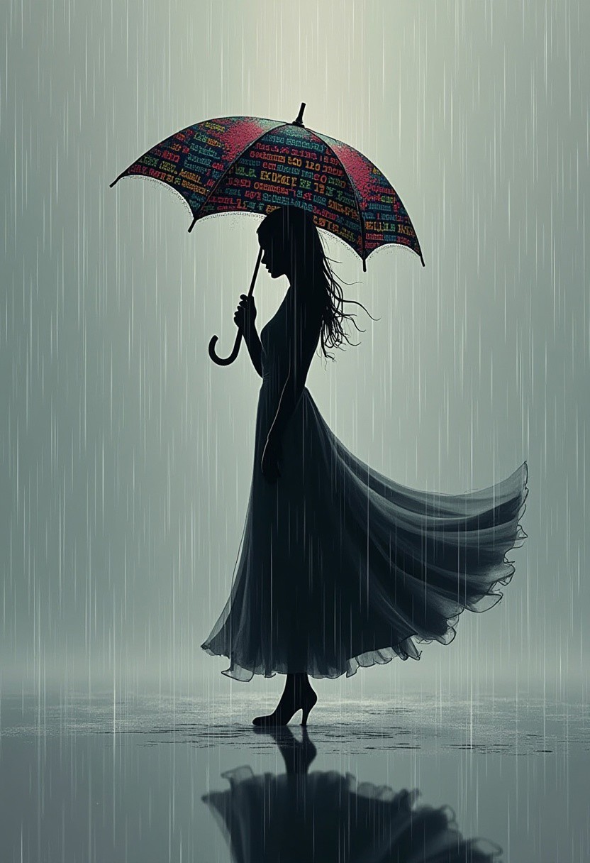 A minimalist art illustration of a woman standing amidst a downpour, holding an ornate umbrella adorned with vibrant patterns of programming code. Her dress, flowing outward and merging with the rain, creates a mesmerizing effect. The colors are predominantly grays, blacks, with splashes of color from the code on the umbrella. The ground reflects the scene, adding depth and a sense of tranquility
