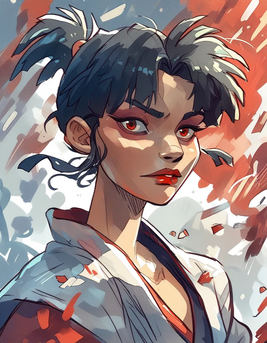ncpy43 style source_Inuyasha, kagura, red eyes, black hair, short ponytail, lipstick, makeup, red and white kimono, <lora:ncpy43 style:1>, score_9, score_8_up, score_7_up, score_6_up, score_5_up, score_4_up