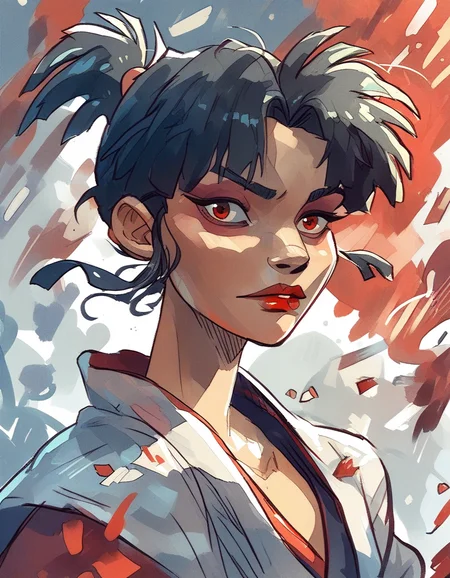 ncpy43 style source_Inuyasha, kagura, red eyes, black hair, short ponytail, lipstick, makeup, red and white kimono, <lora:ncpy43 style:1>, score_9, score_8_up, score_7_up, score_6_up, score_5_up, score_4_up