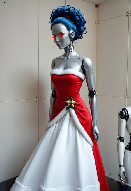 A 35mm photo a woman, she is a humanoid robots , robotic body, vibrant green robotic eyes, freckles, smooth featureless silver grey robotic skin, robotic aerials, metallic dark blue hair, elegant red Christmas satin dress with white fur trim,
mannequin, faceless, egghead, noface, cyborg, TheFaceLess