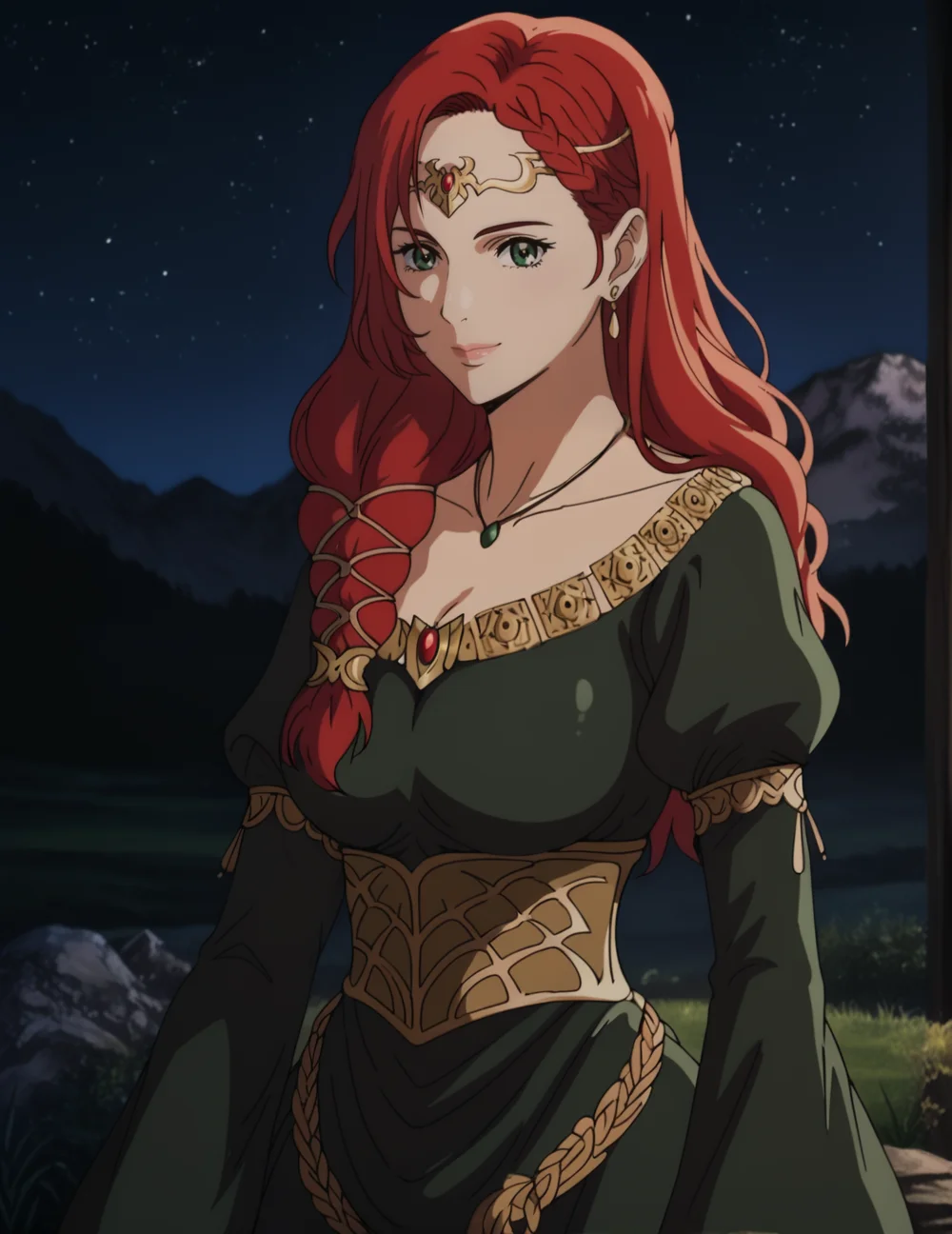 1girl, solo, HeraHammerhand, 2d, detailed, masterpiece, red hair, long hair, braid, green eyes, blurred background, depth of field, bokeh, green dress, gold waist ring, gold dress chain, circlet, necklace, earrings, breasts, puffy sleeves, long sleeves, night, night sky, stars, outdoors, grassland, mountain, realistic background, looking at viewer, smile, long dress, closed mouth, epic composition, <lora:HeraHammerhand:0.9>