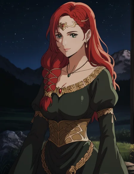 1girl, solo, HeraHammerhand, 2d, detailed, masterpiece, red hair, long hair, braid, green eyes, blurred background, depth of field, bokeh, green dress, gold waist ring, gold dress chain, circlet, necklace, earrings, breasts, puffy sleeves, long sleeves, night, night sky, stars, outdoors, grassland, mountain, realistic background, looking at viewer, smile, long dress, closed mouth, epic composition, <lora:HeraHammerhand:0.9>