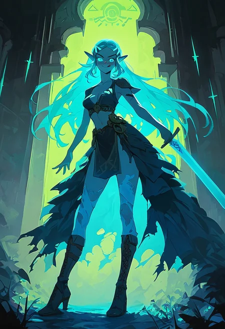 score_9, score_8_up, score_7_up, score_6_up, NLSTN, 1girl, 20 year old, long blond hair:1.5, princess zelda, medium perky breasts, torn bride dress, cyan ribbons in hair, cleavage, long legs, cyan eyes, white thighhigh boots, evil grin, licking lips, heavy blushing, medium ass, detailed background, glowing, dark, standing, huge cyan sword,