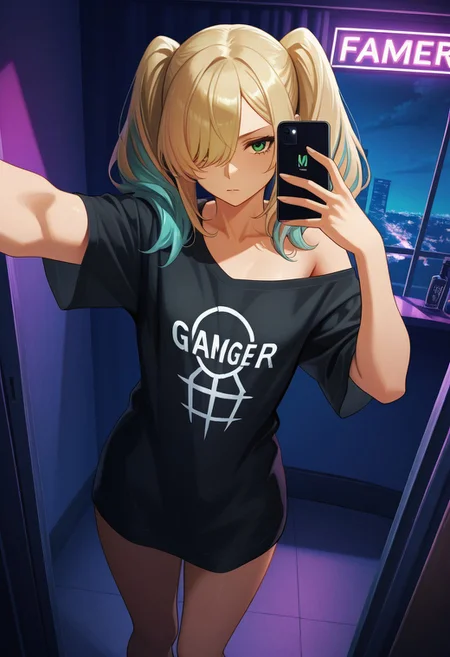 1girl, solo, green eyes, two-toned hair, blonde hair, aqua hair, long twintails, hair over one eye, slender body, small breasts, long oversized T-shirt, gamer girl, one bare shoulder, losing shirt, bare legs, one arm out selfie, sexy pose, dynamic angle, detailed background, gamer room, night, neon lights, shadows, highly detailed