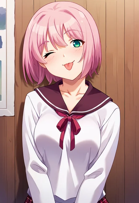score_9, score_8_up, score_7_up, masterpiece, source_anime 1girl, ct_m0m0, aqua eyes, pink hair, short hair, medium breasts, white shirt, puffy long sleeves, red sailor collar, red neck ribbon, plaid skirt, looking at viewer, indoors, wooden wall, upper body, tongue out, tongue, ;p, one eye closed, <lora:SaotomeMomo_Pony_ct_ver2:1>