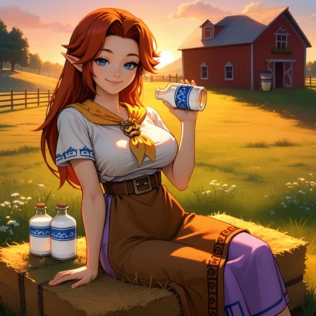 1girl,solo,ccremia,red hair,long hair,parted bangs,blue eyes,pointy ears,yellow neckerchief,brooch,plain shirt,short sleeves,blue trim,brown belt,belt buckle,brown waist apron,purple skirt,long skirt,fingernails,large breasts,<lora:meh:1>,
outdoors,farm,grass,hay bale,fence,grass field,dusk,milk bottle,sunset,
sitting,on hay bale,cowboy shot,looking at viewer,happy,smile,bedroom eyes,closed mouth,hands up,holding bottle,v,<lora:StS_PonyXL_Detail_Slider_v1.4_iteration_3:1.2>,, score_9, score_8_up, score_7_up, perfect anatomy, source_anime, zPDXL2,