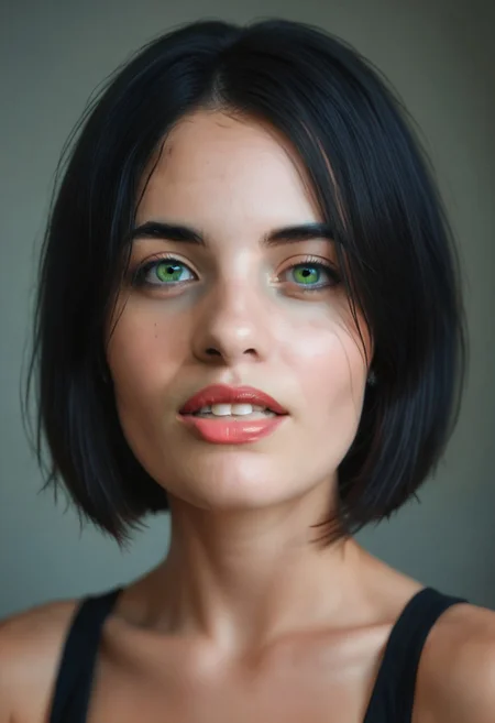 realistic, 42yo girl, short bob black hair, green eyes, UHD, photorealistic, best quality, masterpiece, 16K, cinematic