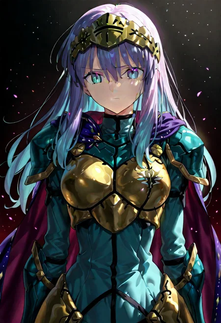 score_9, score_8_up, score_7_up, ((solo)), calm, pout, closed mouth, 1girl, solo, (medium breasts, thin waist, wide hips), peaceful, closed mouth, adult, (((eirika face))), (((cyan hair, cyan eyes))), ((long hair, hair between eyes)), (((indigo cape, metal headband, green metal_uniform, metal breast_armor))), no background, dark background, cowboy shot, dark background, portrait, Expressiveh,