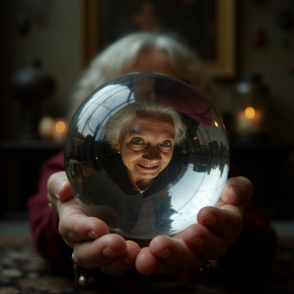 Photography close-up of a glass ball being held in an elderly woman's hand. The ball fills the entire frame. In the glass ball, there is a very distorted image of an elderly fortune teller woman. Dark room with occult decoration. Very blurry background, depth of field, bokeh <lora:refraction-000111:1>