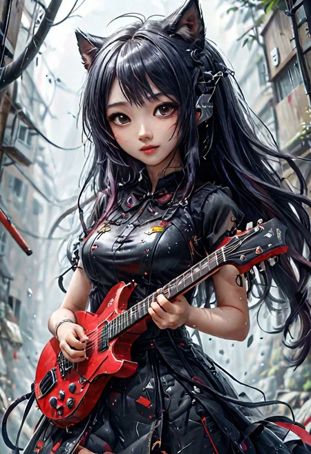 masterpiece, best quality, official art, extremely detailed CG unified 8k wallpaper, absurd, 8k resolution, exquisite facial features, perfect face, shiny skin, girl, (masterpiece), (best quality), (Super detailed), (Full body: 1.2), 1 girl, chibi, cute, smiling, open mouth, outdoors, playing guitar, music, holding guitar, scarf, bare one shoulder, gothic style, blushing ,,shirt,cherry blossoms,headwear,blush stickers,,bangs,earphones,,pink flowers,(beautiful and delicate face),(beautiful and delicate eyes),