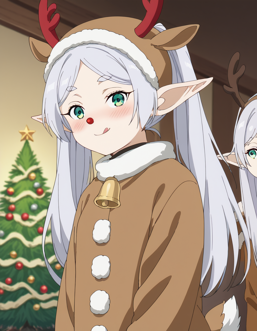 score_9, score_8_up, score_7_up, source_anime, <lora:frieren-s1-ponyxl-lora-nochekaiser:1>, frieren, long hair, twintails, green eyes, grey hair, pointy ears, elf, small breasts, anime screencap, <lora:reindeer-costume-ponyxl-lora-nochekaiser:1>, reindeer costume, animal costume, reindeer antlers, antlers, fake antlers, reindeer hood, christmas, red nose, deer ears, deer tail, christmas tree, bell, horns, reindeer,, blush, smile, tongue out, looking at viewer,, , dutch angle, cowboy shot
