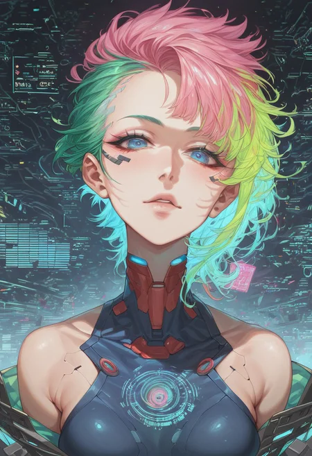score_9,score_8_up,score_7_up,best quality,very aesthetic,absurdres,masterpiece,colourful,
1girl,solo,asymmetrical hair,short hair,blue hair,green hair,pink hair,multicolored hair,blue eyes,eyeliner,eyeshadow,makeup,bare shoulders,looking at viewer,(cyberpunk),hlpr,futuristic,hologram,glitch,holographic face,ui,interface,nodes,particles,(glowneon),(glowing), (western:0.6), (european:0.6)