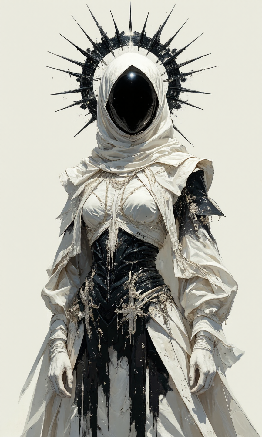 A medium, eye-level shot showcases a digital artwork of a figure adorned in an elaborate, futuristic, white-and-black costume, set against a plain, white background, the overall aesthetic is a blend of high-fashion, gothic, and celestial elements, creating a striking, almost otherworldly appearance. The figure, whose face is completely obscured by a black void beneath a white hood, with its Body pose is standing tall and facing the camera directly, creating an imposing and enigmatic presence, and the pose is static and symmetrical, emphasizing the intricate details of the costume. The image Composition relies on sharp lines, smooth gradients, and a stark contrast between black and white, with subtle hints of silver, creating a sense of futuristic elegance. A large, black, spiked halo-like structure encircles the figure's head, resembling a crown of thorns or a stylized sunburst, with the spikes extending outwards, dominating the upper portion of the image, and a bright spot right on the top of the head. The figure is draped in a flowing, white, satin-like cloak or robe, which covers most of its body, with The cloak features intricate details, such as sheer, layered sleeves with black trim, and delicate, silver embellishments along the edges, and draped elegantly. Beneath the cloak, a black, form-fitting bodice or corset is visible, adorned with sparkling details that resemble a starry night sky, with The bodice features a central, ornate design resembling a stylized cross or celestial symbol, and long, black, fringe-like elements hang from the bottom of the bodice, adding movement and texture. Delicate silver chains and embellishments are draped across the figure's chest and shoulders, adding to the overall celestial and regal aesthetic, all of that is on a Background, is pure white and completely unadorned, The lighting is bright and even, seemingly coming from the front, illuminating the figure uniformly and casting subtle shadows beneath the folds of the cloak and the halo's spikes., <lora:FLUX-daubrez-DB4RZ-v2:0.35> DB4RZ, DB4RZ style painting
<lora:ILLUSTRATION (FLUX) - V3.1:0.35> illustranion