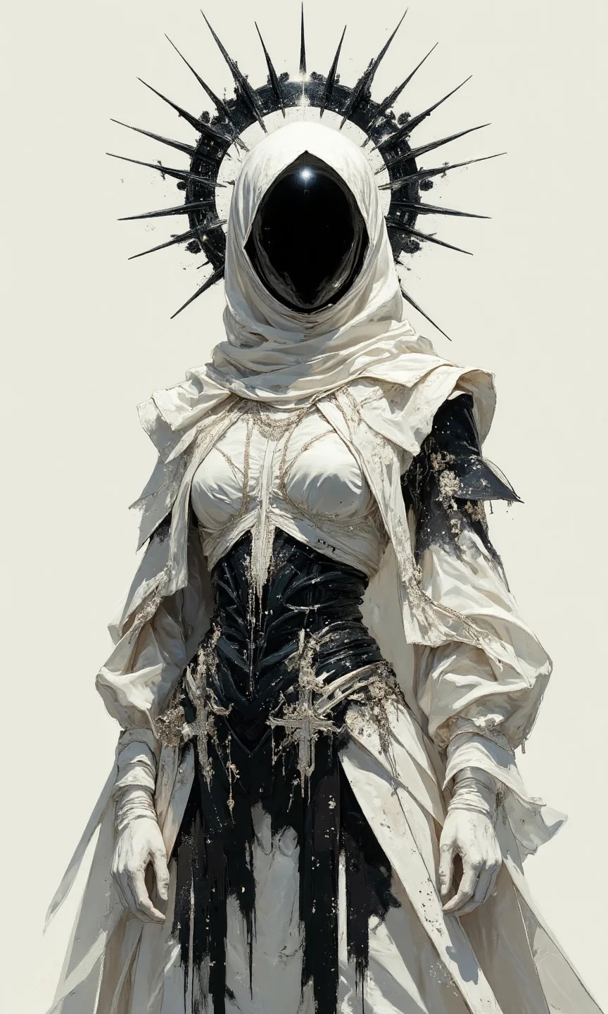 A medium, eye-level shot showcases a digital artwork of a figure adorned in an elaborate, futuristic, white-and-black costume, set against a plain, white background, the overall aesthetic is a blend of high-fashion, gothic, and celestial elements, creating a striking, almost otherworldly appearance. The figure, whose face is completely obscured by a black void beneath a white hood, with its Body pose is standing tall and facing the camera directly, creating an imposing and enigmatic presence, and the pose is static and symmetrical, emphasizing the intricate details of the costume. The image Composition relies on sharp lines, smooth gradients, and a stark contrast between black and white, with subtle hints of silver, creating a sense of futuristic elegance. A large, black, spiked halo-like structure encircles the figure's head, resembling a crown of thorns or a stylized sunburst, with the spikes extending outwards, dominating the upper portion of the image, and a bright spot right on the top of the head. The figure is draped in a flowing, white, satin-like cloak or robe, which covers most of its body, with The cloak features intricate details, such as sheer, layered sleeves with black trim, and delicate, silver embellishments along the edges, and draped elegantly. Beneath the cloak, a black, form-fitting bodice or corset is visible, adorned with sparkling details that resemble a starry night sky, with The bodice features a central, ornate design resembling a stylized cross or celestial symbol, and long, black, fringe-like elements hang from the bottom of the bodice, adding movement and texture. Delicate silver chains and embellishments are draped across the figure's chest and shoulders, adding to the overall celestial and regal aesthetic, all of that is on a Background, is pure white and completely unadorned, The lighting is bright and even, seemingly coming from the front, illuminating the figure uniformly and casting subtle shadows beneath the folds of the cloak and the halo's spikes., <lora:FLUX-daubrez-DB4RZ-v2:0.35> DB4RZ, DB4RZ style painting
<lora:ILLUSTRATION (FLUX) - V3.1:0.35> illustranion