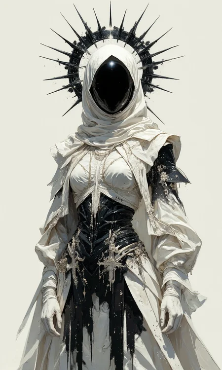 A medium, eye-level shot showcases a digital artwork of a figure adorned in an elaborate, futuristic, white-and-black costume, set against a plain, white background, the overall aesthetic is a blend of high-fashion, gothic, and celestial elements, creating a striking, almost otherworldly appearance. The figure, whose face is completely obscured by a black void beneath a white hood, with its Body pose is standing tall and facing the camera directly, creating an imposing and enigmatic presence, and the pose is static and symmetrical, emphasizing the intricate details of the costume. The image Composition relies on sharp lines, smooth gradients, and a stark contrast between black and white, with subtle hints of silver, creating a sense of futuristic elegance. A large, black, spiked halo-like structure encircles the figure's head, resembling a crown of thorns or a stylized sunburst, with the spikes extending outwards, dominating the upper portion of the image, and a bright spot right on the top of the head. The figure is draped in a flowing, white, satin-like cloak or robe, which covers most of its body, with The cloak features intricate details, such as sheer, layered sleeves with black trim, and delicate, silver embellishments along the edges, and draped elegantly. Beneath the cloak, a black, form-fitting bodice or corset is visible, adorned with sparkling details that resemble a starry night sky, with The bodice features a central, ornate design resembling a stylized cross or celestial symbol, and long, black, fringe-like elements hang from the bottom of the bodice, adding movement and texture. Delicate silver chains and embellishments are draped across the figure's chest and shoulders, adding to the overall celestial and regal aesthetic, all of that is on a Background, is pure white and completely unadorned, The lighting is bright and even, seemingly coming from the front, illuminating the figure uniformly and casting subtle shadows beneath the folds of the cloak and the halo's spikes., <lora:FLUX-daubrez-DB4RZ-v2:0.35> DB4RZ, DB4RZ style painting
<lora:ILLUSTRATION (FLUX) - V3.1:0.35> illustranion