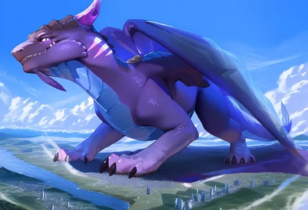 score_9, score_8_up, score_7_up, detailed face, best quality, 1boy, solo, masterpiece, detailed background, beautiful, detailed eyes, mature male, giantess, macro
side view, lien,
 score_9, score_8_up, score_7_up, score_6_up, score_5_up, score_4_up, masterpiece, high quality, realistic, detailed, best quality, solo, rating_safe, source_furry, smiling, seductive, looking at viewer, lying on belly, feral, detailed eyes, netherdrake_wc, dragon, scales, wings, forked tail, claws, glowing eyes, purple scales, translucent wings on fours,colossal, face focus, ((full body view)),
 standing, seductive pose, light smile, narrowed eyes, smiling, expansion, tight, 
long river, skyline, cityscape, destroyed cityscape,  earthquake, steam, fog, craters