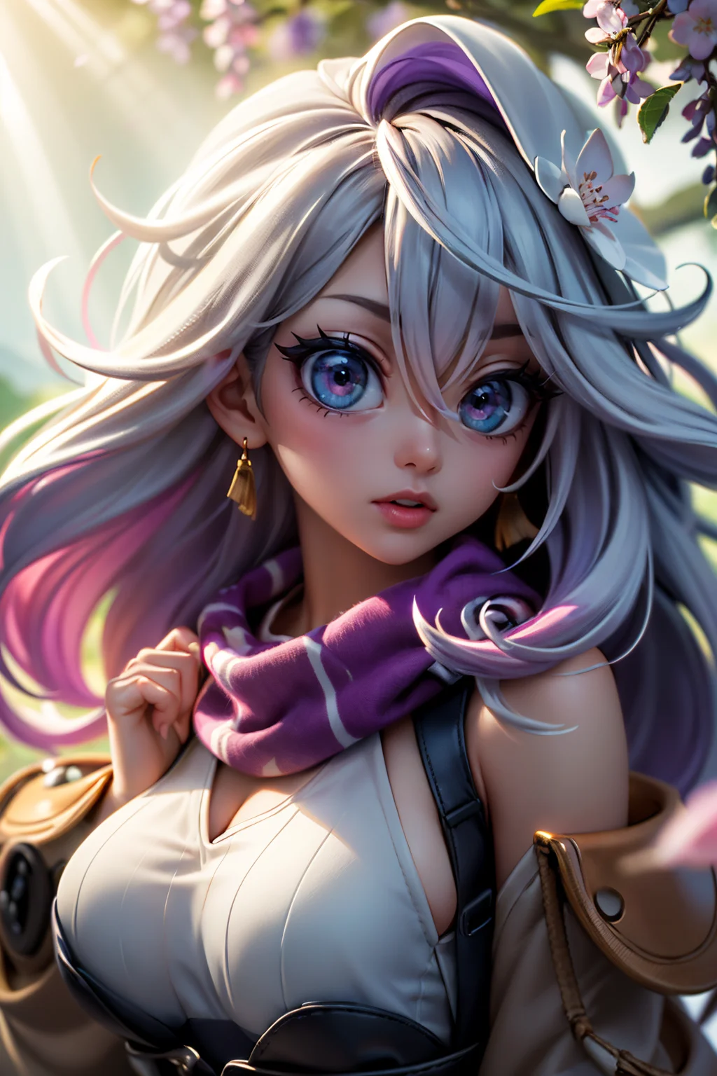 , (best quality, masterpiece, colorful, highest detailed), dynamic pose, pose <lora:backlight_slider_v10:-1> <lora:eye_size_slider_v1:3>, ((((light rays)))), lens flare,
a cartoon character with big eyes, round eyes, messy hair, curly hair, with a trench coat and a scarf on her head, wearing a trench coat and a scarf around her neck, Artgerm, trending on artstation, closed mouth,
architecture, bird, boat, branch, bridge, cherry blossoms, east asian architecture, falling petals, flower, hanami, in tree, outdoors, pagoda, path, petals, petals on liquid, pink flower, plum blossoms, pond, river, scenery, sitting, s spring \(season\), tree, tube, water, wind, wisteria,
(ultra-detailed body), (beautiful background:1.3), (intricate details), (dynamic angle)